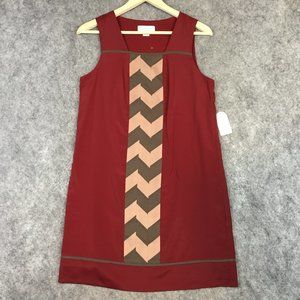 Jessica Simpson Dress 8 Career A Line Shift Red Mixed Print Square Neck Chevron